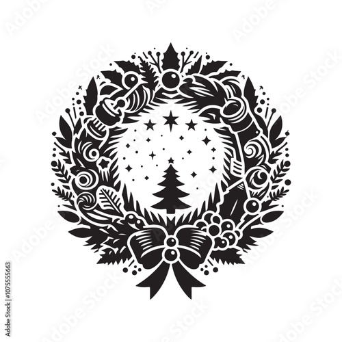 Christmas Wreath Silhouette Vector Illustration | Holiday Decoration Clipart photo