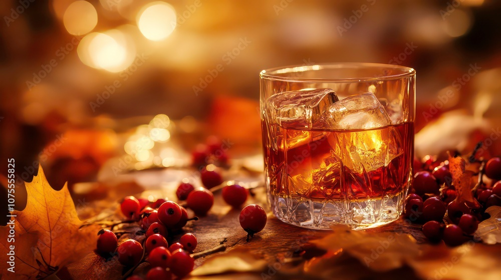 A glass of whiskey with ice on a wooden table with autumn leaves and berries. A glass of whiskey with ice on a wooden table with autumn leaves and berries.