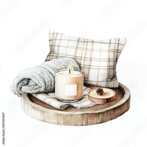 Candle with cotton flower on a wooden tray, cosy knitted pillows and plaid on background. Modern illustration. White background