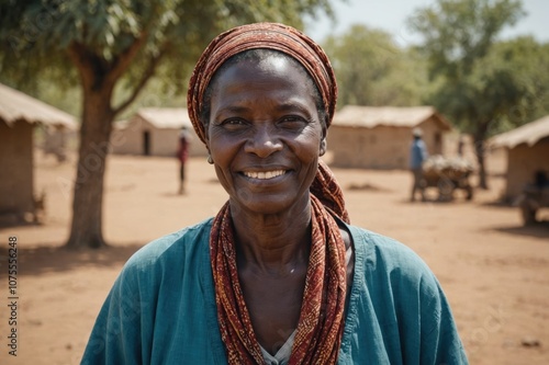 Close portrait of a smiling senior Chadian female farmer standing and looking at the camera, outdoors Chadian rural blurred background photo