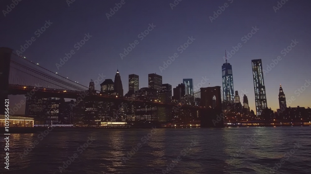 Obraz premium Night View of City Skyline with Bridge Silhouette