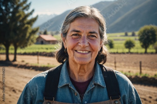 Close portrait of a smiling senior Chilean female farmer standing and looking at the camera, outdoors Chilean rural blurred background