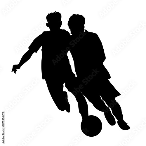 footbal player in action, two soocer player figthing for the ball silhouette
