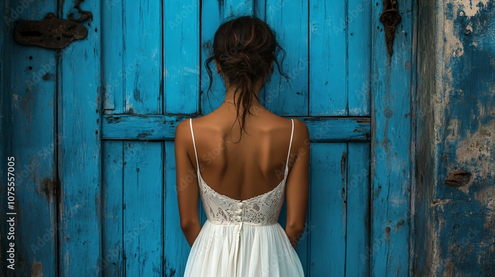 A photograph capturing a woman dressed in a white dress from behind, standing in front of a blue wooden door, evoking a sense of curiosity and solitude in a rustic environment. A photograph capturing a woman dressed in a white dress from behind, standing in front of a blue wooden door, evoking a sense of curiosity and solitude in a rustic environment.