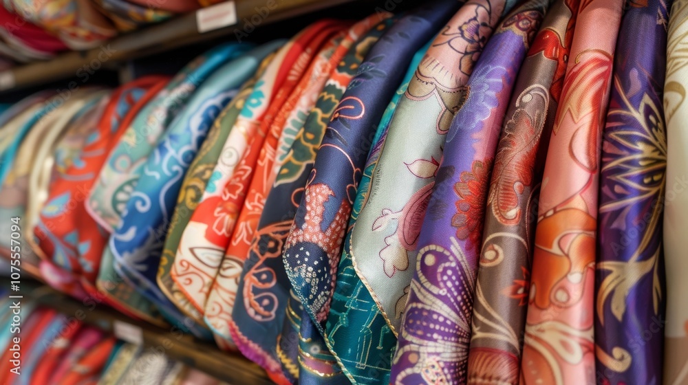Flowing silk scarves with beautiful floral patterns in various colors, elegantly hanging in a stylish store. Explore luxurious selection, perfect for adding elegance to any outfit Flowing silk scarves with beautiful floral patterns in various colors, elegantly hanging in a stylish store. Explore luxurious selection, perfect for adding elegance to any outfit