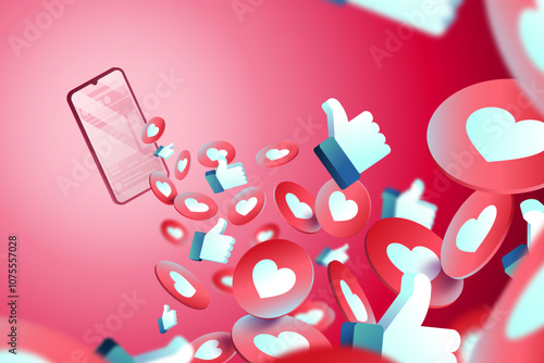 3d thumbs up, likes, hearts that fly out of a mobile phone