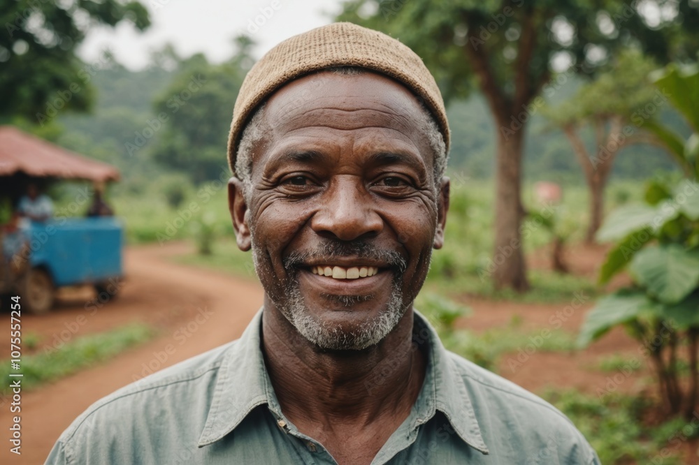 Close portrait of a smiling senior Comorian male farmer standing and looking at the camera, outdoors Comorian rural blurred background Close portrait of a smiling senior Comorian male farmer standing and looking at the camera, outdoors Comorian rural blurred background