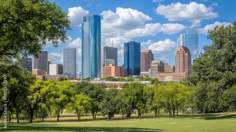 Sunny Skyline of Modern City with Lush Green Park Sunny Skyline of Modern City with Lush Green Park