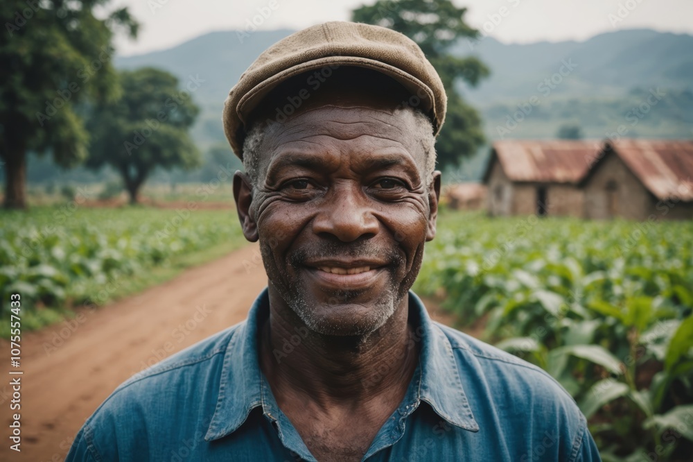 Close portrait of a smiling senior Congolese male farmer standing and looking at the camera, outdoors Congolese rural blurred background Close portrait of a smiling senior Congolese male farmer standing and looking at the camera, outdoors Congolese rural blurred background
