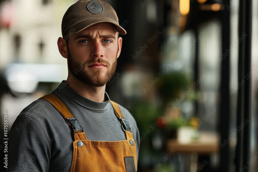portrait of worker, employee in dungarees portrait of worker, employee in dungarees