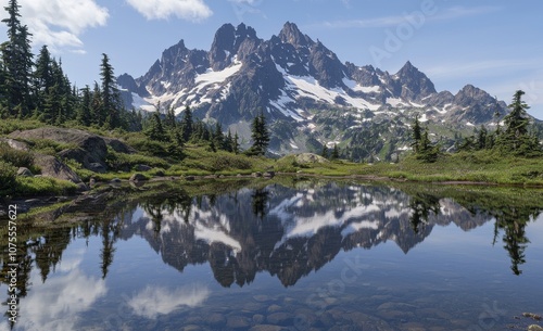 Beautiful Swiss Alps lake reflection during a sunny day