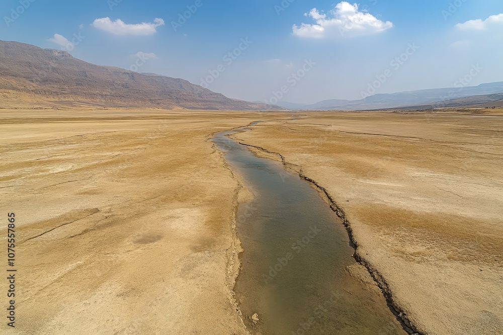 Global Drought - Cracked Earth with Small Water Source. Beautiful simple AI generated image Global Drought - Cracked Earth with Small Water Source. Beautiful simple AI generated image