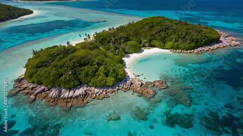An awe-inspiring aerial view of a tropical island surrounded by vibrant turquoise waters, lush green vegetation, and pristine sandy beaches