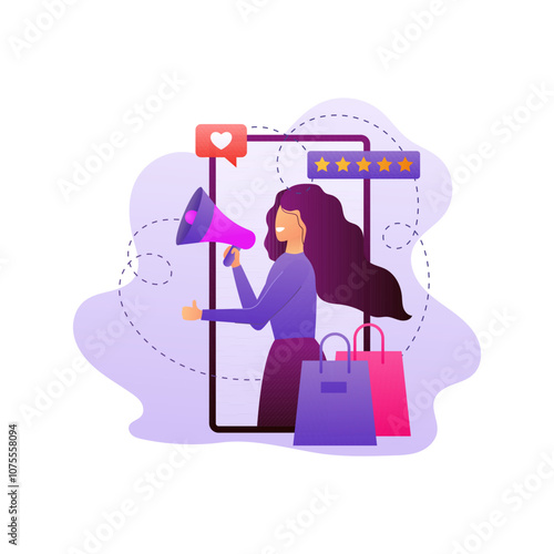 The girl speaks into a loudspeaker in the background of a mobile phone. Product evaluation. Product review.