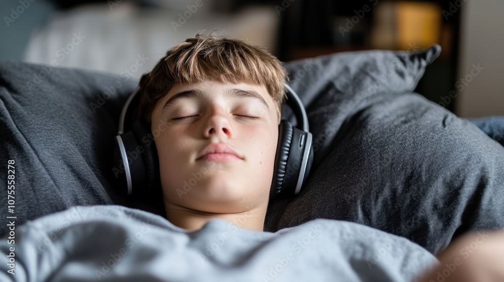 Obraz premium Relaxed Teen Listening to Music with Headphones