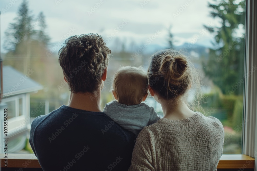 Young family looking out of window at their new home, real estate purchase, investment Young family looking out of window at their new home, real estate purchase, investment