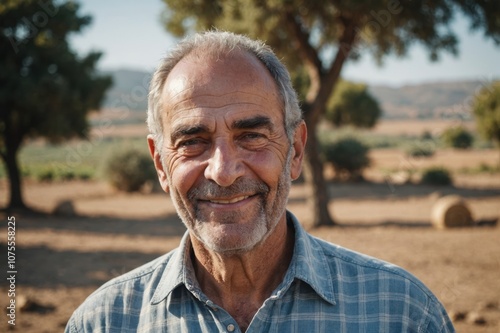 Close portrait of a smiling senior Cypriot male farmer standing and looking at the camera, outdoors Cypriot rural blurred background