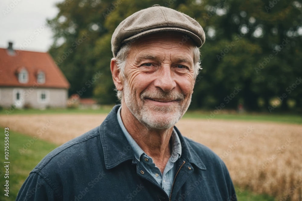 Close portrait of a smiling senior Danish male farmer standing and looking at the camera, outdoors Danish rural blurred background Close portrait of a smiling senior Danish male farmer standing and looking at the camera, outdoors Danish rural blurred background