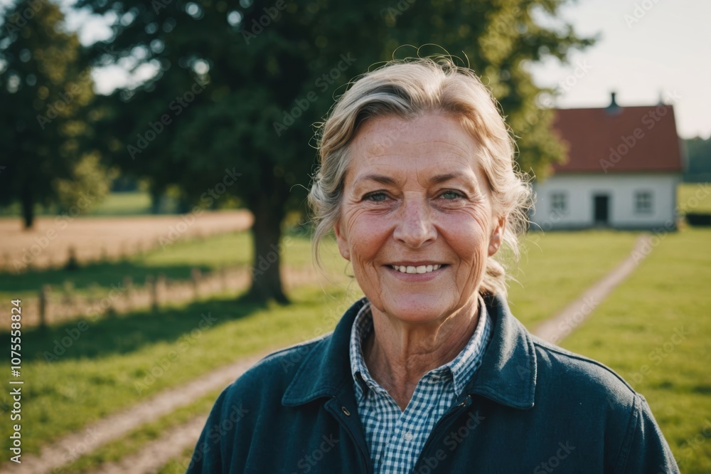 Close portrait of a smiling senior Danish female farmer standing and looking at the camera, outdoors Danish rural blurred background Close portrait of a smiling senior Danish female farmer standing and looking at the camera, outdoors Danish rural blurred background