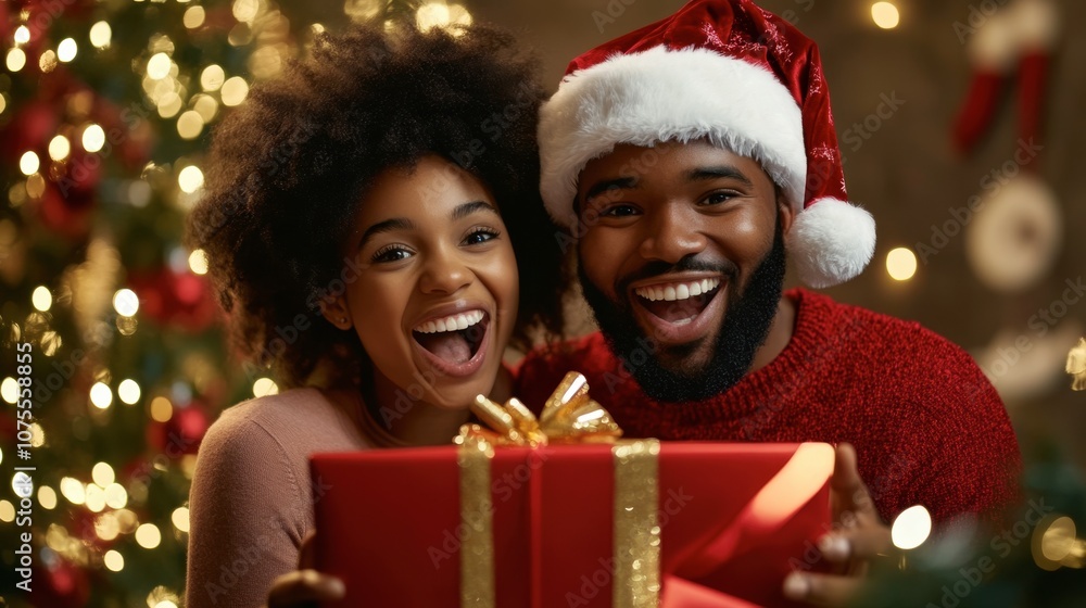 Joyful Couple Celebrating Christmas with Gift Joyful Couple Celebrating Christmas with Gift