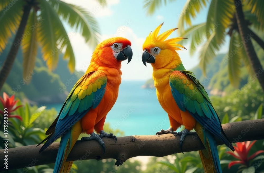 Two exotic parrots are sitting on a branch against the background of palm trees and the sea Two exotic parrots are sitting on a branch against the background of palm trees and the sea