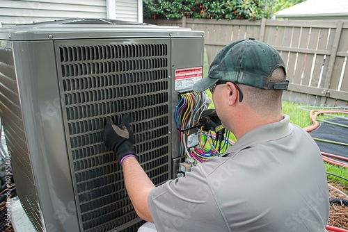 Hvac technician wearing work gloves is inspecting an air conditioner condenser unit photo