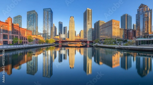 Reflection of Chicago Skyline at Sunrise