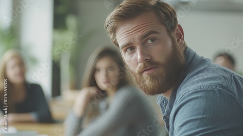 A young man with a beard is giving a presentation at a business training session. He's talking to a group of employees from different backgrounds, who are all sitting in a meeting room. photo