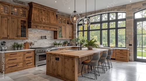 Modern farmhouse kitchen with wood cabinets, large island, and windows overlooking a garden. photo