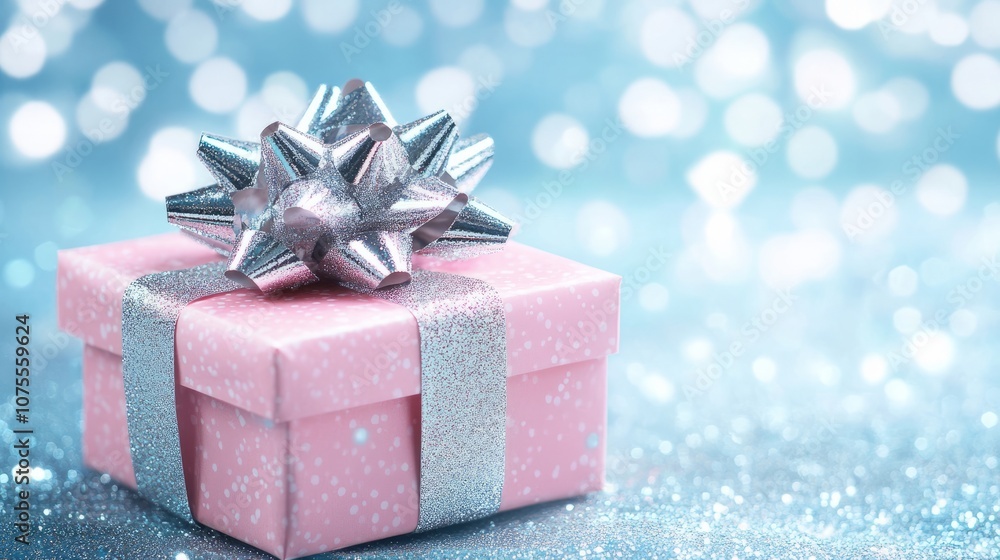 pink cute gift box with shiny silver ribbon against blurred shiny background pink cute gift box with shiny silver ribbon against blurred shiny background