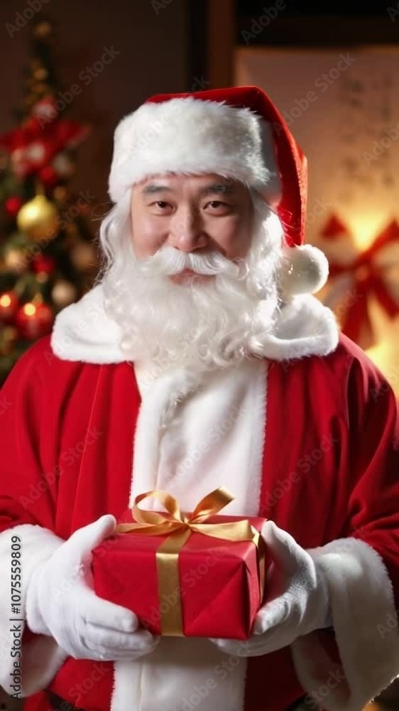 A Japanese man dressed as Santa Claus holds a red box with a Christmas present. 4k vertical video. A Japanese man dressed as Santa Claus holds a red box with a Christmas present. 4k vertical video.