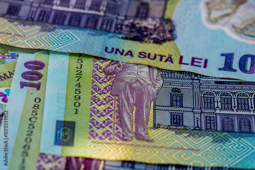 LEI money banknotes, detail photo of RON