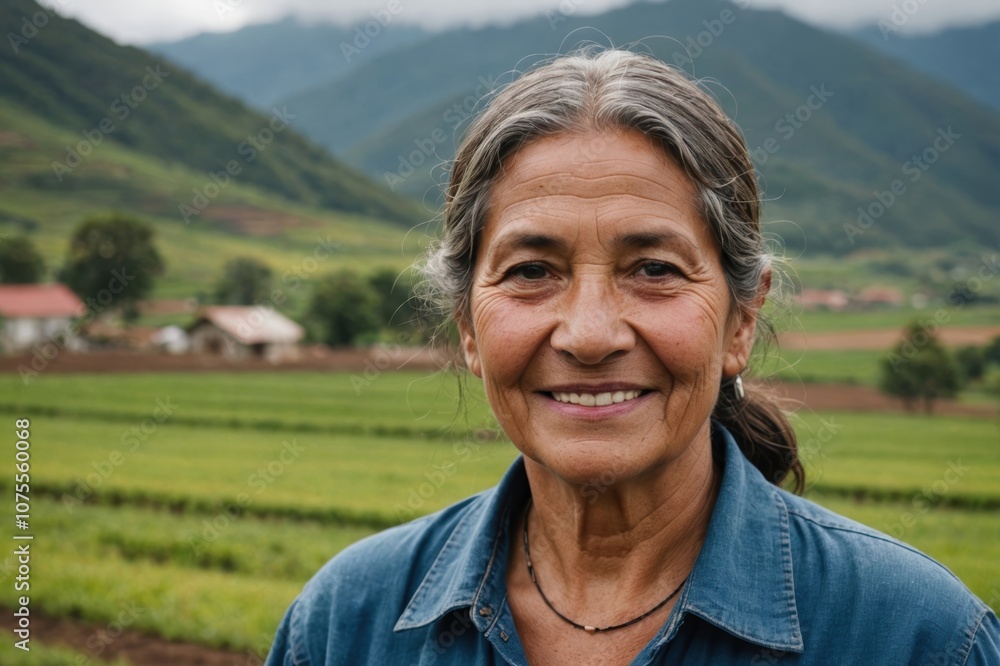 Close portrait of a smiling senior Ecuadorean female farmer standing and looking at the camera, outdoors Ecuadorean rural blurred background Close portrait of a smiling senior Ecuadorean female farmer standing and looking at the camera, outdoors Ecuadorean rural blurred background