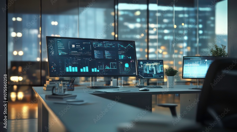 A modern office desk with three computer monitors displaying various graphs and charts, illuminated by the night city lights. A modern office desk with three computer monitors displaying various graphs and charts, illuminated by the night city lights.