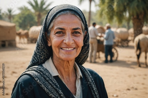 Close portrait of a smiling senior Egyptian female farmer standing and looking at the camera, outdoors Egyptian rural blurred background photo