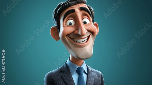 A cartoon man in a suit, with a blue shirt and tie, is smiling broadly. He's drawn in a 3D style and looks like he's having a fun time. photo