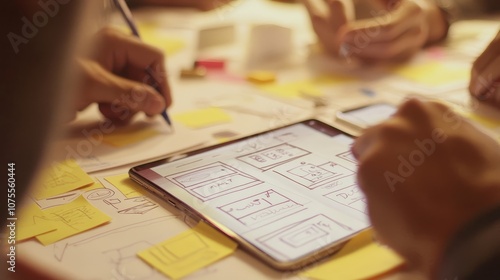 A team of designers are brainstorming ideas on sticky notes while planning a mobile phone app design. They're working together on a rough sketch of the app's layout.