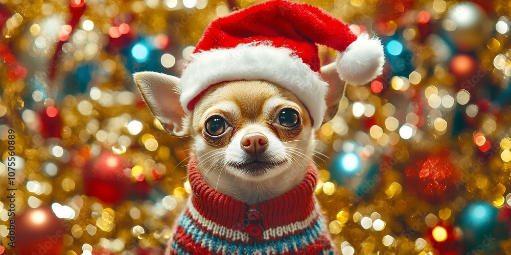 A Festive Chihuahua Wearing a Santa Hat and Sweater Amidst Colorful Holiday Decorations and Shimmering Lights During the Christmas Season A Festive Chihuahua Wearing a Santa Hat and Sweater Amidst Colorful Holiday Decorations and Shimmering Lights During the Christmas Season
