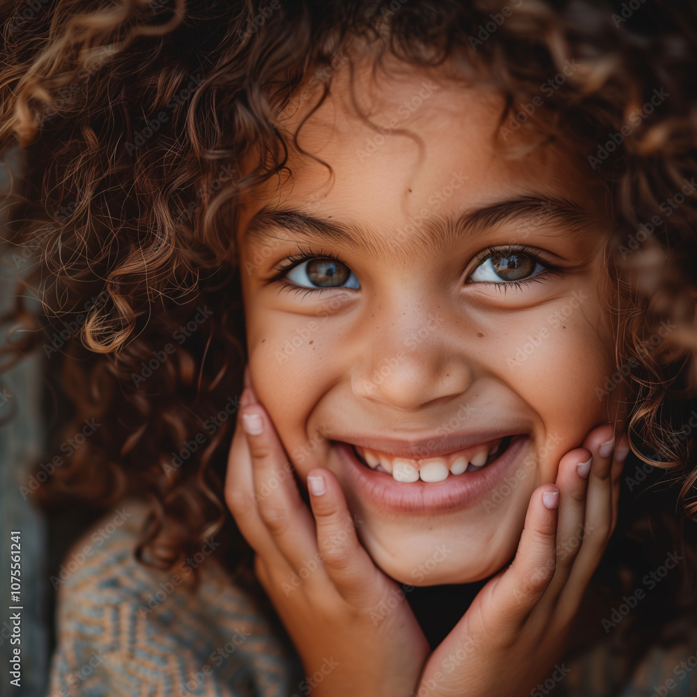 Retrato de niña sonriente con cabello rizado y expresión alegre Retrato de niña sonriente con cabello rizado y expresión alegre