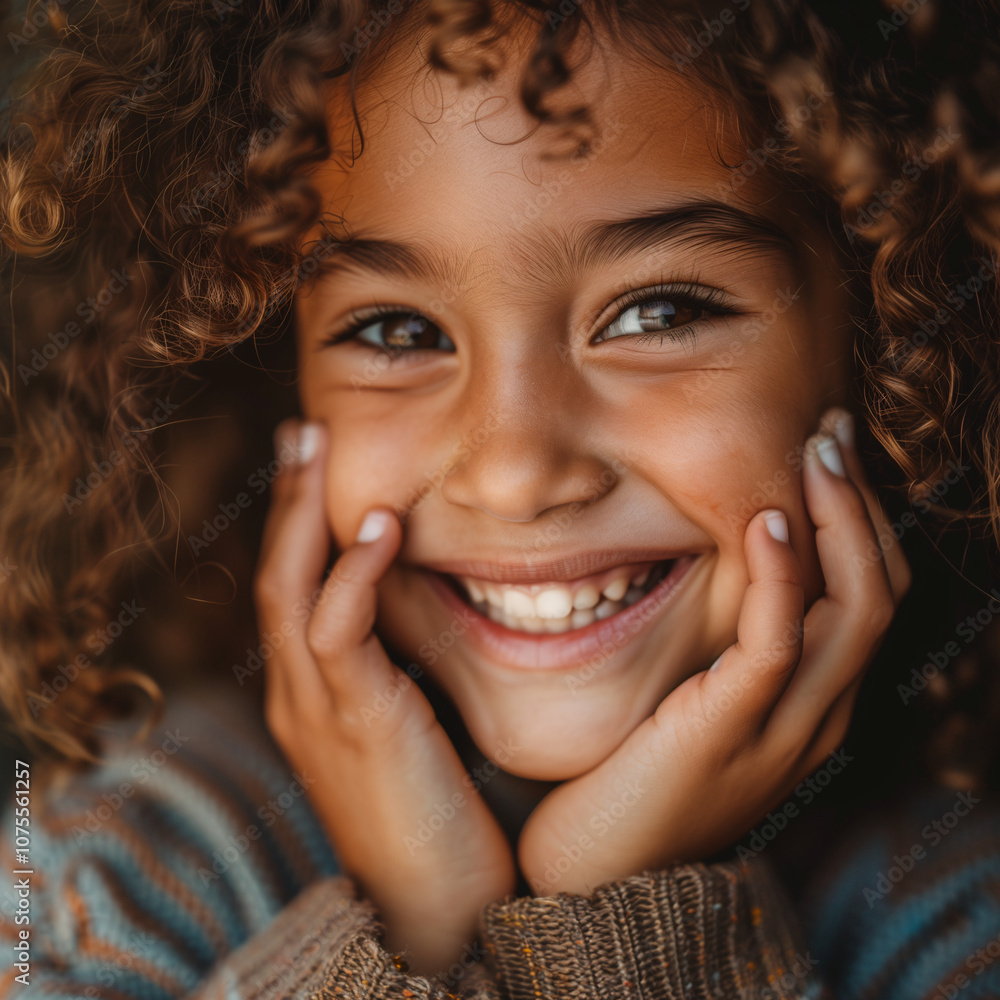Retrato de niña sonriente con cabello rizado y expresión alegre Retrato de niña sonriente con cabello rizado y expresión alegre