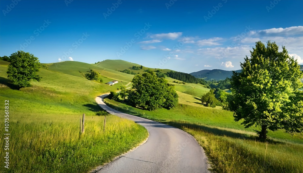 Fototapeta premium A narrow rural road winds through grassy hills and scattered trees under a blue sky in _1(447)