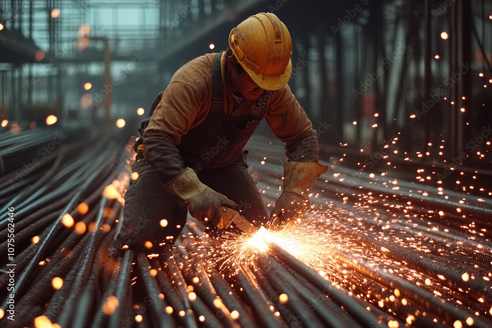 A skilled worker sparks creativity while cutting steel rods at dawn. Generative AI A skilled worker sparks creativity while cutting steel rods at dawn. Generative AI