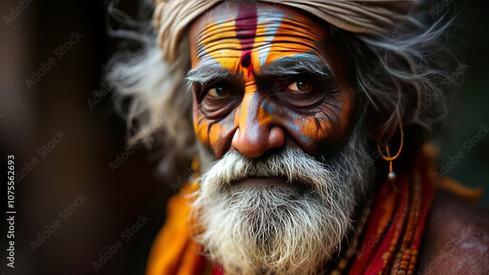 Elderly Man with Traditional Face Paint and Intense Gaze Elderly Man with Traditional Face Paint and Intense Gaze