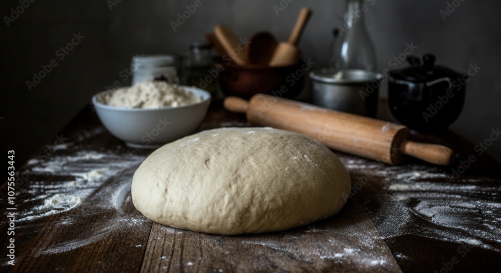 Rustic homemade dough on wooden kitchen table with baking tools Rustic homemade dough on wooden kitchen table with baking tools