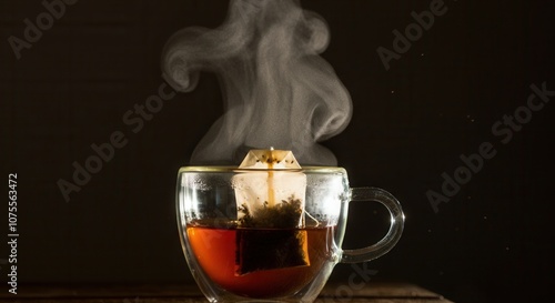 Steaming hot tea in transparent cup dark background