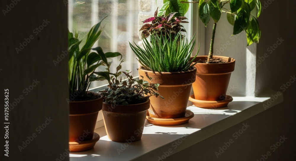 Fototapeta premium Serene indoor garden with potted plants on sunny windowsill