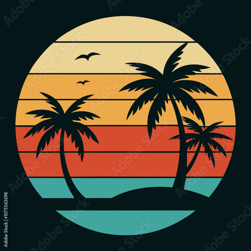 beach Silhouette on Retro Vintage Background Vector T-shirt Design