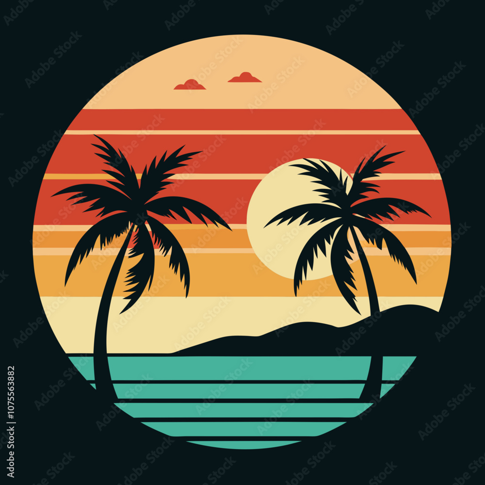 Fototapeta premium beach Silhouette on Retro Vintage Background Vector T-shirt Design