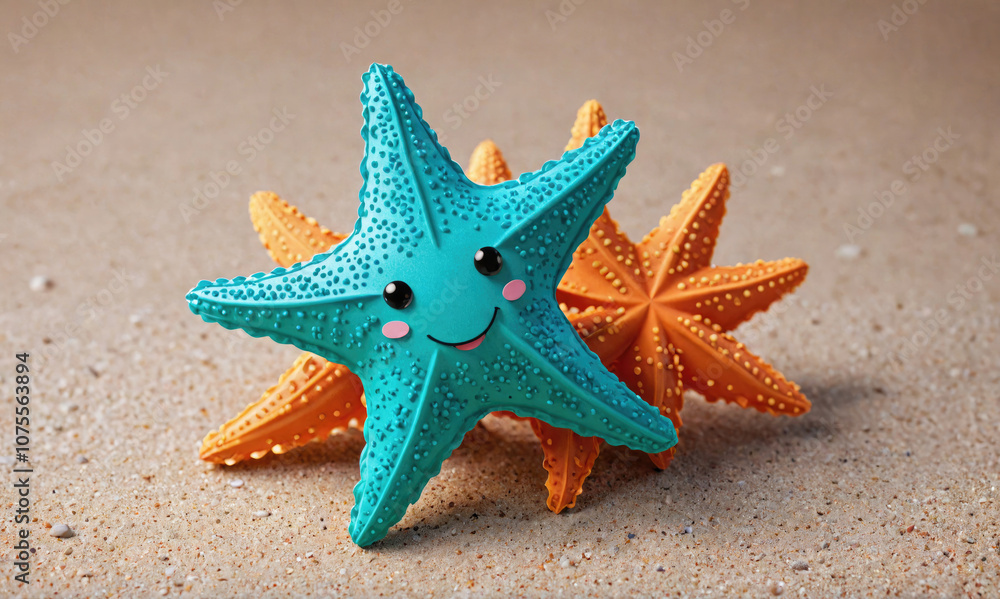 A blue starfish with a happy face is on a sandy beach, next to an orange starfish A blue starfish with a happy face is on a sandy beach, next to an orange starfish