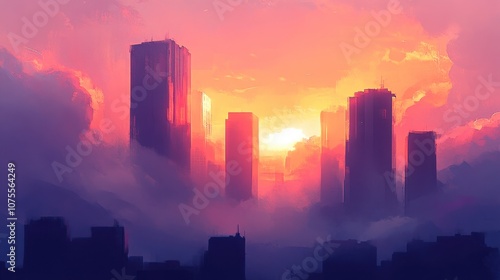 Sunset Cityscape with Skyscrapers and Fog